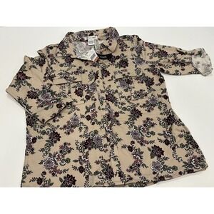 Hasting & Smith Women's Beige Floral Print Button Front Long Sleeve Shirt Top